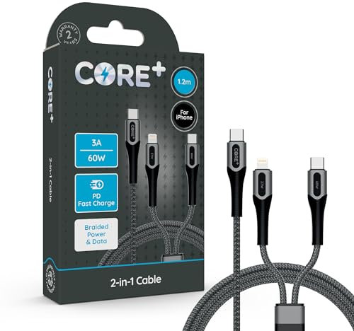CORE + | 1M USB C to 8-Pin iPhone Charger Cable 2.4A 20W | Fast Charging | Compatible with iPhone, iPad, Airpods + Pro Max, Plus | iPhone 13, 14, 12, 11, 10 (1 x 2-In-1 USB C + 8PIN 60W)