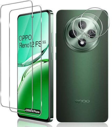 Vanrain Protector de Pantalla para OPPO Reno 12 FS (4G/5G)/OPPO Reno 12 F (4G/5G), 2+2 Piezas Cristal Templado y Protector de Lente de Cámara, Vidrio Templado 9H Dureza Alta Definición Sin Burbujas