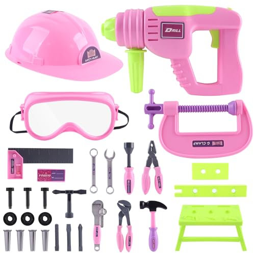 deAO Herramientas Niños, 39 Piezas Kit de Herramientas Juguete, Incluye Taladro Eléctrico de Juguete, Destornilladores y Diversos Accesorios, Herramientas Regalo para Niños 3 4 5 6 Años (Rosa)
