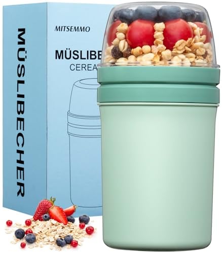 Mitsemmo Cereal Cup On The Go,600ml+270ml Breakfast Pots to Go,Yogurt and Granola Pot,Muesli Cup Travel Bowl and Milk Container for Work,Overnight Oats Jar with Lid & Spoon(Nordic Green)