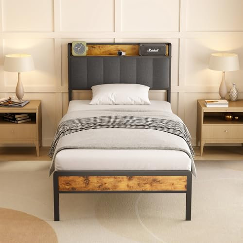Bealife Polsterbett 90 x 200 cm, Holzbett mit Metallbettgestell, gepolstertes Podest, Doppelbett mit Holzlattenrost, Stützkopfteil, Bettrahmen (Dunkelgrau, 90 x 220.5 cm)