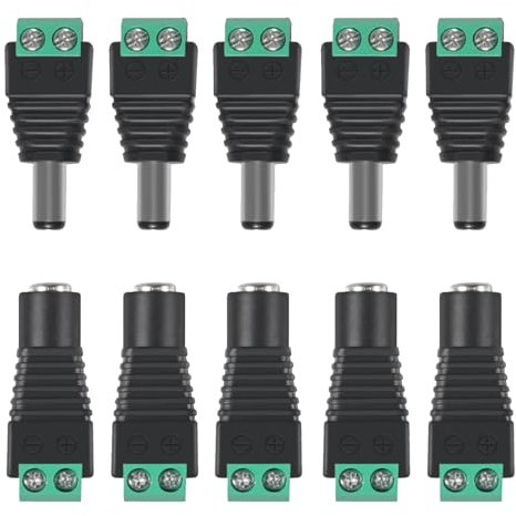 AEDIKO 5 Pairs DC Power Connector 5.5mm x 2.1mm 12V Power Jack Adapter 10x Male and 10x Female for Led Strip CCTV Security Camera Cable Wire Ends Plug Barrel Adapter