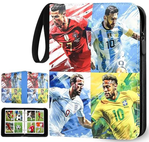 Sammelalbum für Fußball Karten mit Reißverschluss und 50 Herausnehmbaren Hüllen, 4 Taschen Fussball Sammelkarten Album für 400 Karten, Groß Sport Karten Heft, 3 Ringe Fussball Karten Sammelalbum