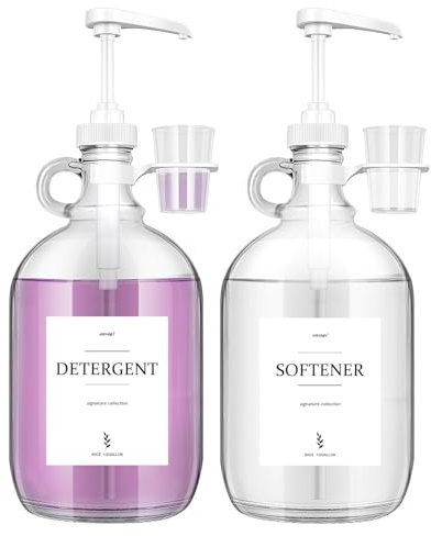 2 dispensadores de detergente líquido de vidrio con portavasos, dispensador de medio galón para cuarto de lavado (64 onzas cada uno), botellas de detergente para ropa con dispensador de bomba, incluye