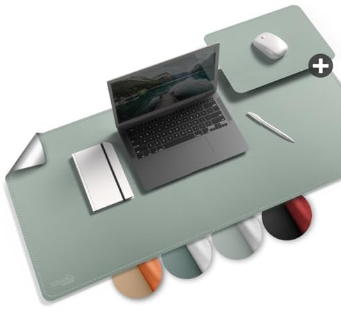 smøla Schreibtischunterlage aus PU-Leder I 85x40cm Abwischbar inkl. XXL Mauspad I Große Tischunterlage, Schreibunterlage – für Büro & Home-Office I Doppelseitig (Morgen-Blau/Silber)