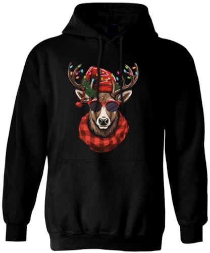 Weihnachtspullover Cooler Elch - Hoodie mit Schaal und Lichterketter - Pulli für Weihnachten für die ganze Familie - Herren & Damen (DE/NL/SE/PL, Alphanumerisch, XL, Regular, Regular, Schwarz)