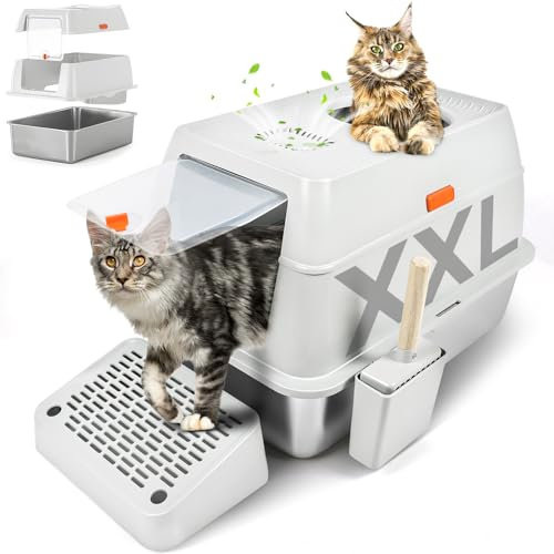 Kalolary Lettiera per Gatti in Acciaio Inox con Coperchio, Lettiera Gatto Chiusa Grande XXL con Ingresso Dall'alto, Coperchio Recinto Alto, Paletta, Pedale (Grigio - ingresso superiore)