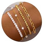 ORAZIO 4 Stück Perlen Armband Damen Gold 14 Karat Vergoldet Wasserfest Edelstahl Armband Verstellbares Perlenarmband Büroklammer Armkette Armbänder Gold Schmuck für Damen