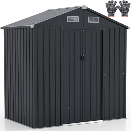 TANGZON 7x4/6x4ft Metal Garden Shed, Outdoor Galvanized Tool Storage House with Glove, Lockable Doors & 4 Vents, Trash Can Bike Tool Toy Utility Gardening Shed Box (Dark Gey, 193x129x197cm)
