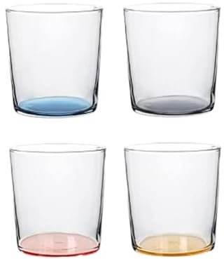 TRESV Set de 4 Vasos Colores o Transparente, Vaso de Cristal agua de 345ml, Vaso de Agua y Bebidas, Vasos de Cristal Multicolor y Transparentes,Aptos para Lavavajillas