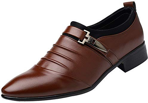 AIchenYW Zapatos de negocios para hombre, cómodos, transpirables, de piel, para traje, boda, con cordones, de piel, suaves y planos, marrón, 39 EU