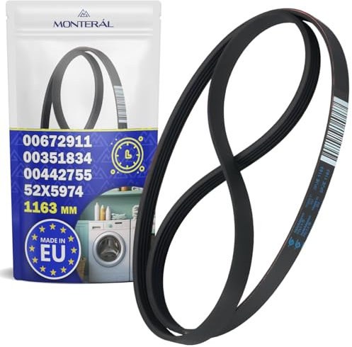 Correa Lavadora Poly V 1163 mm J5 con Código Original 672911 00672911 00351834 00442755 para Bosch para Balay para Siemens 52X5974 para Brandt para Fagor - MADE IN EU - Garantía de 10 Años - MONTERAL