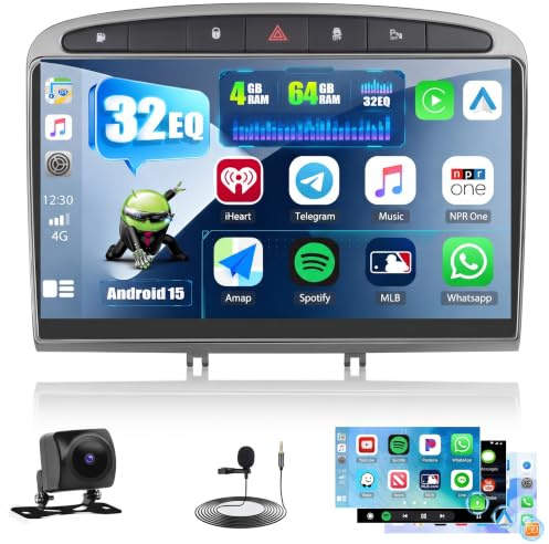 Roinvou 4+64G Android Autoradio pour Peugeot 308/408 2007-2013 sans Fil CarPlay Android Auto MirrorLink, 9 Pouces Écran Tactile Radio avec Bluetooth WiFi GPS 32EQ FM/RDS SWC Camera de Recul
