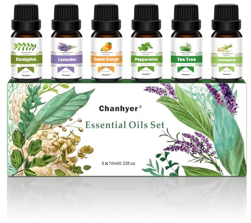 Chanhyer Top 6 Essential Oils Set for Diffusers for Home 6 x 10 ml | Aromatherapy Gift, Premium Scented Oils for Diffusers - Peppermint, Tea Tree, Lavender, Eucalyptus, Lemongrass & Sweet Orange