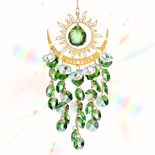 Sun and Moon Suncatcher Crystal Wind Chimes for Windows Outdoors(Green) | Stained Glass Window Hangings Prisms Garden Backyard Ceiling Room Decor Boho Wind Chimes Light Catcher Garden Decor
