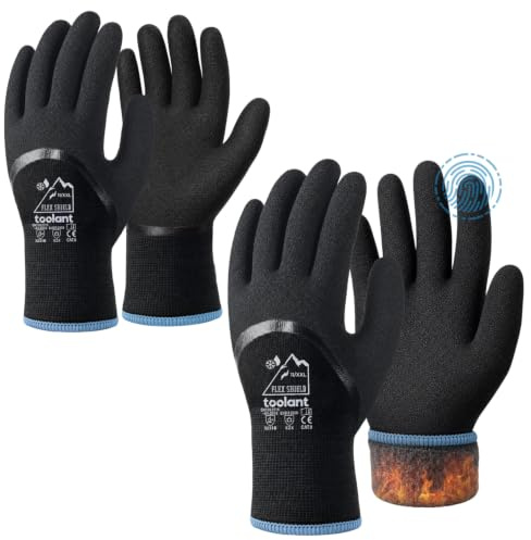 toolant 3/4-Coated Winter Work Gloves for Men & Women, 2 Pairs, Black, 2XL | Waterproof Freezer Gloves, Dual-Layer Latex Coating, Thermal Insulated, Grip, Touchscreen, for Snow Removal, Winter Work.