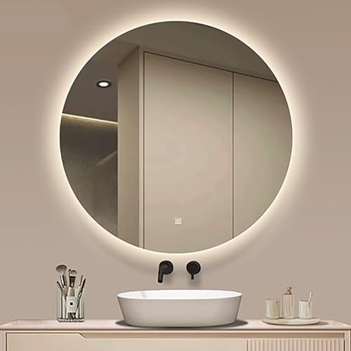 Xxbbyubo 110cm Groß Rund Spiegel mit Beleuchtung Rahmenloser Dimmbar Badspiegel mit Antibeschlag, 3 Lichtfarben Intelligent Schminkspiegel mit Touch-Schalter(70x70cm)