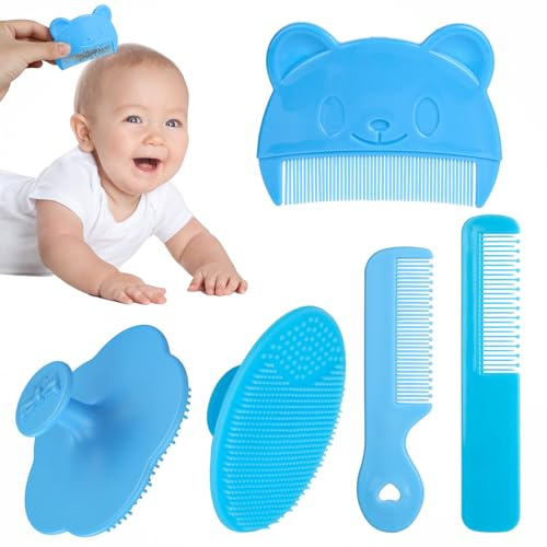 5Stk Milchschorf Kamm, Silikon, Kunststoff, Blau, für Kopfgneis Entfernen | 3 Weich Baby Kamm, 2 Silikon Babybürste, Weich, Angenehm, Fördert Durchblutung, Gesundem Haarwachstum, für Neugeborene, Baby