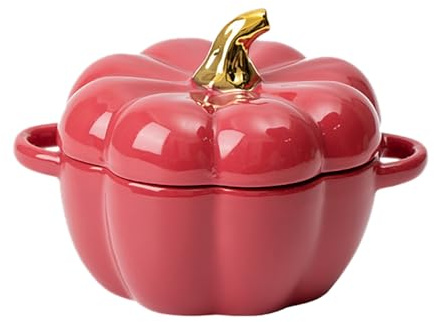Pumpkin Bowl Set with Lid and Handle, 14 Oz Ceramic Ramekins for Baking, Casserole Dish Individual Severing Pot, Stoneware, Oven Safe (A)
