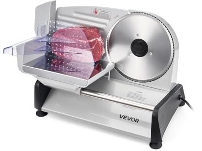 VEVOR Cortafiambres Eléctrico 200 W, Cortadora de Fiambre con Cuchilla Afilada de 190 mm, Velocidad de Corte de 70 a 100 RPM, Grosor Ajustable de 0 a 15 mm, para Carne Congelada, Jamón, Baguette