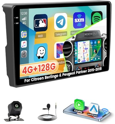 Roinvou 4G+128G Radio Android 15 para Citroen Berlingo & Peugeot Partner 2015-2018 Incell Screen Carplay Android Auto, 9'' Pantalla Táctil Estéreo Radio GPS Bluetooth EQ WIFI RDS FM SWC Cámara Trasera