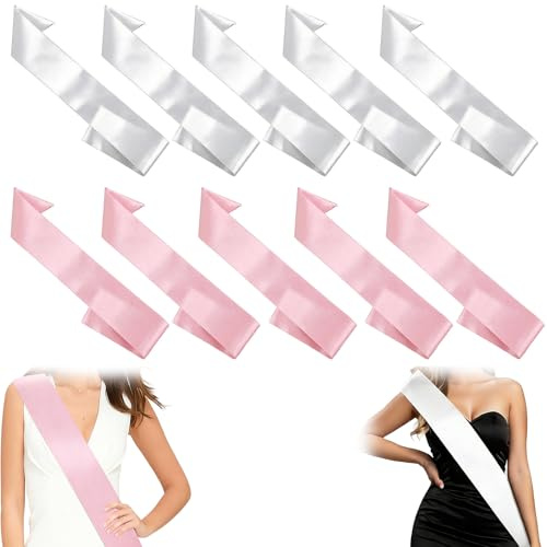 10er Pack Schärpen (5 Weiß & 5 Rosa) 160x9.5cm - Blanko Satin Schärpe bedrucken & Scherpe selbst beschriften - DIY Team Bride Schärpe für JGA, Geburtstag, Weihnachten, Hochzeit & Pfadfinder