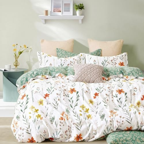 Lanqinglv Bettwäsche 135x200 Blumen Grün Weiß Pflanzen Wendebettwäsche Set | ÖKO-TEX Zertifiziert,für Allergiker,4 Jahreszeiten Set,Atmungsaktiv Bettbezug und 1 Kissenbezüge 80x80 mit Reißverschluss