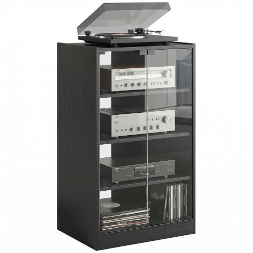 HOMCOM Record Player Stand with Storage 4-Tier Stand Black Wood-Effect | Hi-Fi Stand, Media Cabinet, Adjustable Shelves, Push-to-Open Glass Doors, Cable Management, Music Room, Living Room