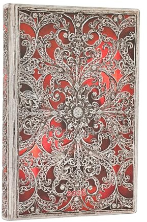 Paperblanks | 2026 Granat | Silberfiligran-Kollektion | 12-Monatskalender Flexi | Mini | Horizontal | Elastikband-Verschluss | 176 Pg | 100 GSM