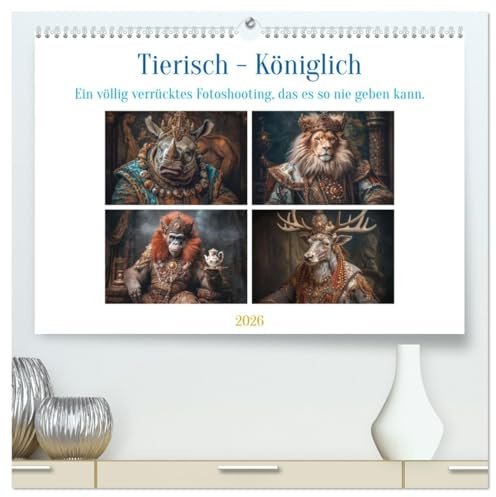 Tierisch - Königlich (hochwertiger Premium Wandkalender 2026 DIN A2 quer), Kunstdruck in Hochglanz: Ein tierisches, surreales Fotoshooting, das es so ... ein Lächeln zaubern soll. (CALVENDO Tiere)