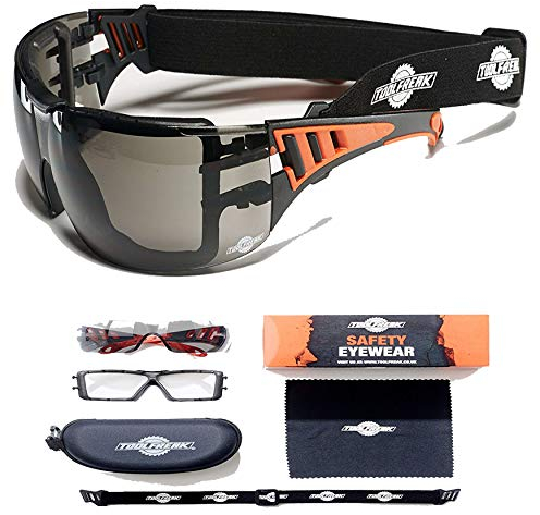 ToolFreak Occhiali di sicurezza Rip-Out per il lavoro e sportivo, proteggere dai raggi UV e impatti, fascia, custodia e panno, lenti fumose scure