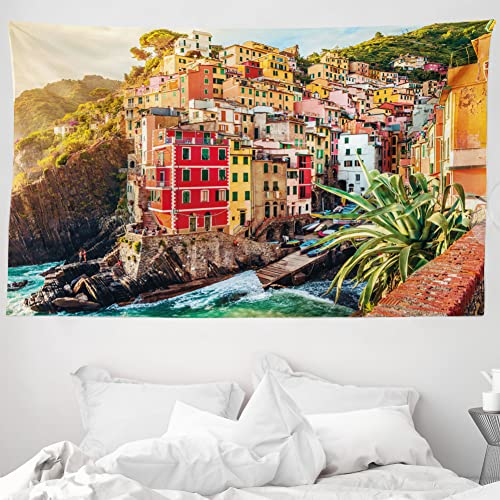 ABAKUHAUS Italien Wandteppich und Tagesdecke, Riomaggiore bei Sonnenuntergang aus Weiches Mikrofaser Stoff Waschbar ohne Verblassen Digitaldruck, 230 x 140 cm, Beige Braun