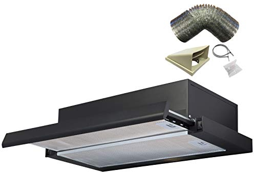 SIA TSH60BL 60cm Black Telescopic Integrated Cooker Hood Kitchen Extractor Fan & 3m Flexible Ducting Vent Kit