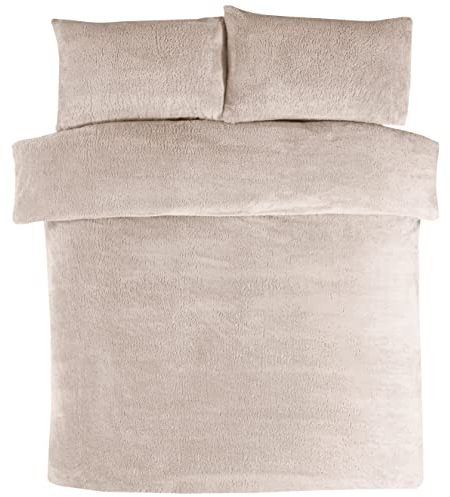 Sleepdown Bettdeckenset aus Teddyfleece mit Bettbezug und Kissenbezügen, sehr weich und doppelt, natürliches Elfenbein