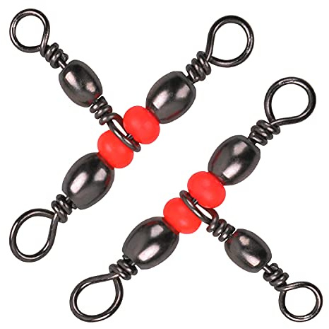 OROOTL 3-Wege-Wirbel – 50 Stück Messing-Fass Dreifachwirbel 9,1 kg - 45,4 kg Tangle Free T-Turn Cross Line Angeln Wirbel Anschluss mit roten Perlen für Süßwasser Salzwasser