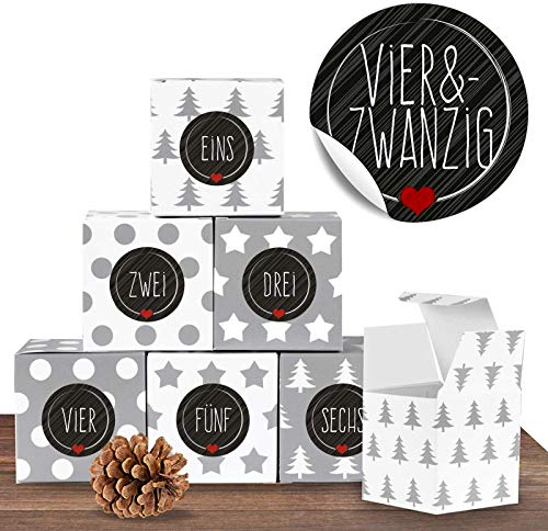 24 weihnachtliche Adventswürfel im Set mit 24 Zahlenaufklebern „Schick und Schwarz“ für einen DIY Adventskalender zum Basteln und Befüllen