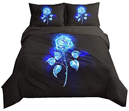 Duvet Cover Set Rose Flower 3D Digital Printing Romantic Floral Bedding Set Girl Woman Black Blue Gold Red Quilt Cover with Pillowcase, Microfiber (Blue, King)