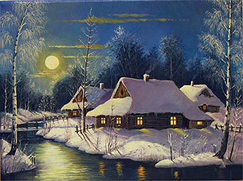 YEESAM ART DIY Ölgemälde Malen nach Zahlen Erwachsene Kinder, Mondlicht Schnee Dorf Eis See Zahlenmalerei ab 5 Öl Wandkunst (Mondlicht, mit Rahmen)