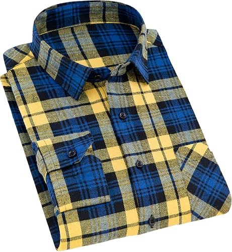 Cromoncent Chemises boutonnées à manches longues en flanelle à carreaux pour homme, Jaune/bleu, Taille 4XL