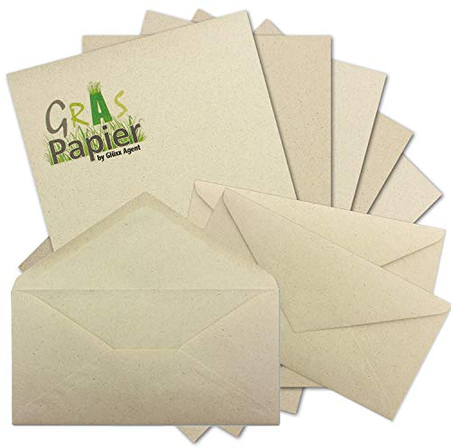 25x ÖKO Briefpapier DIN A4 mit Briefumschlägen Nassklebung DIN Lang aus Graspapier - Recycling Papier 120 g/m² - Umwelt Bastelpapier für Einladungen oder Briefpost - Glüxx Agent
