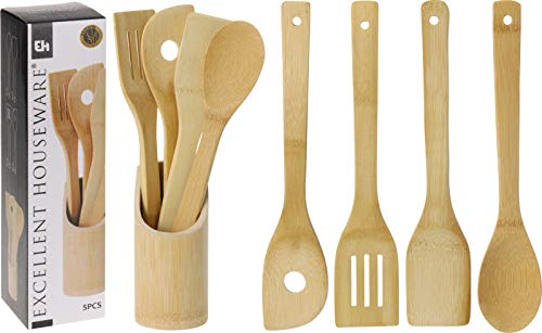 Cubiertos de cocina de madera. Set 5 piezas utensilios de cocina bambu