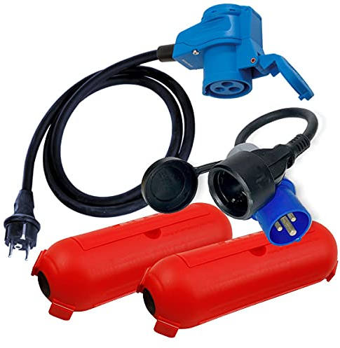 IntuiFlex CEE Adapter Schuko Kabel Stecker CEE Winkelkupplung mit Steckdose u. Schutzbox Set - Camping Zubehör Boot Wohnmobil Wohnwagen Garten H07RN-F 3x2,5mm² 230V 16A Camping Adapter Strom 230