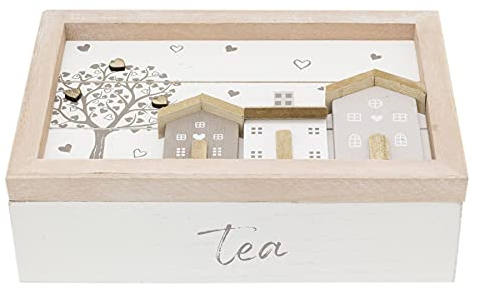 Shabby Chic House Design Wooden Tea Box Caddy 24x16cm | 6 Compartment Tea Bag Storage Box | Kitchen Organiser Tea Case