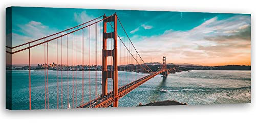 Feeby Vlies Leinwandbild XXL Golden Gate USA Skyline 120x40 cm Wandbild Kunst Bilder Schlafzimmer Deko Wohnzimmer Kalifornien San Francisco Abstraktion Blau