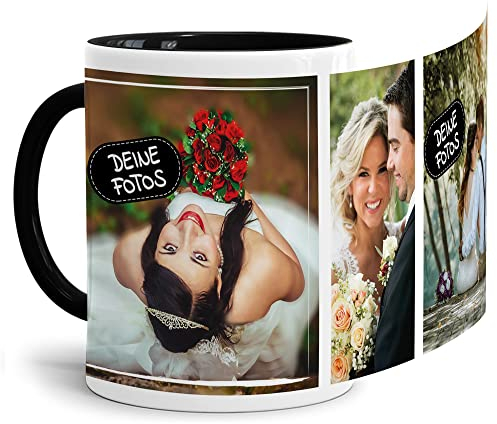 Foto-Tasse zum selbst gestalten mit Foto-Collage für 3 Wunschfotos - Geschenk für Familie, Freunde, Geburtstag, Weihnachten - Keramik Innen & Henkel Schwarz, 300 ml I Personalisiert