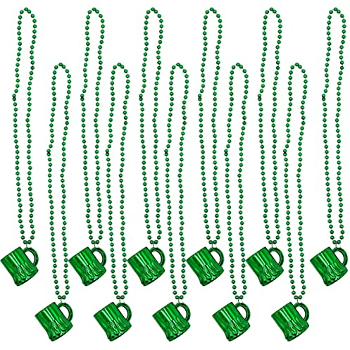 4E's Novelty St Patricks Day Beads Necklace With Shot Glasses Beer Mug (Pack of 12) Metallic Green Irish Gifts Party Favors Supplies, Costume Accessories