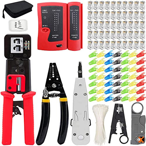 MAYLINEE- Juego de Herramientas de corte de red RJ45 Crimpadora Cat7 CAT5 CAT6 pelacables alicates, 50 Conectores Profesional de Mantenimiento de la Computadora de red LAN, Pelador (Azul)