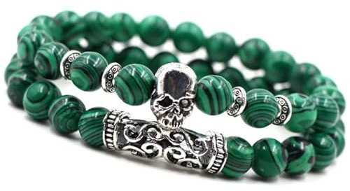 Unique Chakra Duo Armband Malachit Totenkopf Skull 8mm Perlen Energiearmband Heilsteine dehnbar Juweliers Qualität