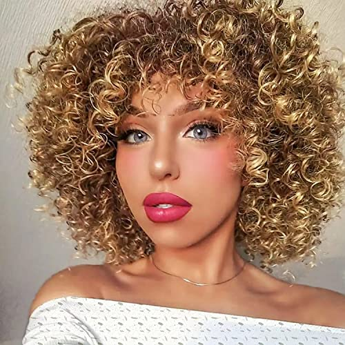 YEESHEDO Afro Perücke Braun Blond Brazilian Synthetische Brasilianisches Verworrene Lockige Natürliche Haar für Frauen, Kinky Curly mit Pony kurze Perücken für Schwarze Damen