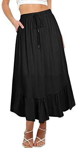 REORIA Damen Röcke Elastische Maxiröcke mit hoher Taille für Damen Lange Röcke mit Taschen Schwarz XL